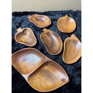 Vintage Hand-Carved Philippine Wooden Fruit-Shaped Bowls Set Of 6